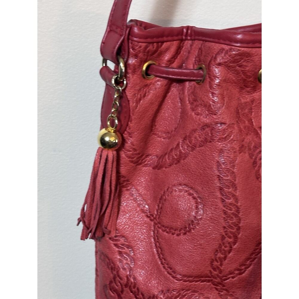 Red Leather Embossed Bucket Bag Crossbody Drawstring Purse Boho Western Festival - Picture 4 of 15